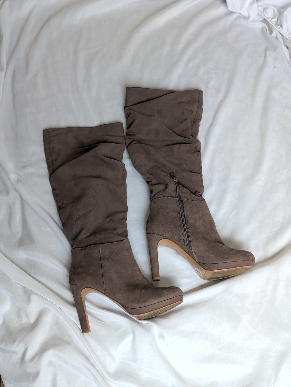 Kelly & Katie Taupe Suede High-Heel Knee Boots